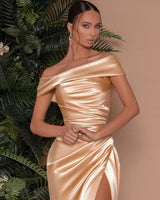 Gorgeous Long Mermaid Off-the-shoulder Satin Prom Dress With High Slit-showprettydress