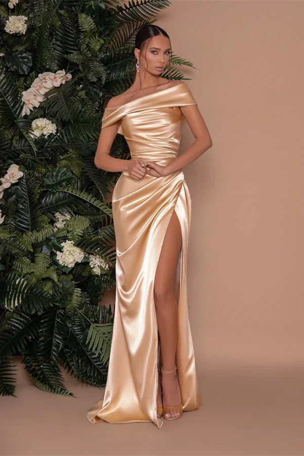 Gorgeous Long Mermaid Off-the-shoulder Satin Prom Dress With High Slit-showprettydress