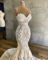Gorgeous Long Mermaid Sweetheart Spaghetti-straps Lace Wedding Dresses-showprettydress