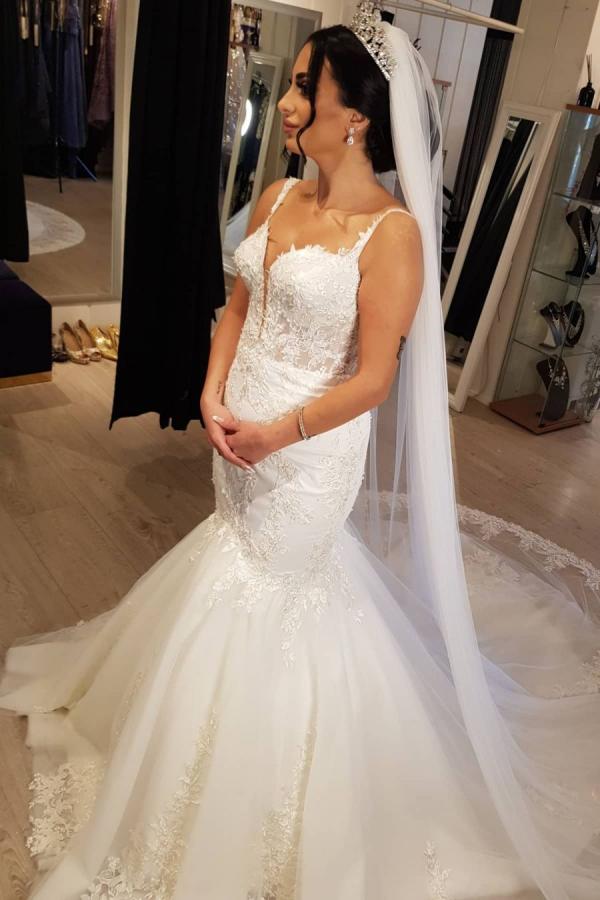 Gorgeous Long Mermaid Tulle Spaghetti Straps Wedding Dress with Appliques Lace-showprettydress