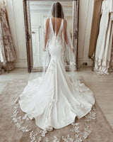 Gorgeous Long Mermaid V-neck Satin Backless Wedding Dress-showprettydress