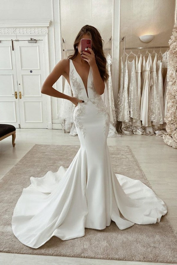Gorgeous Long Mermaid V-neck Satin Backless Wedding Dress-showprettydress