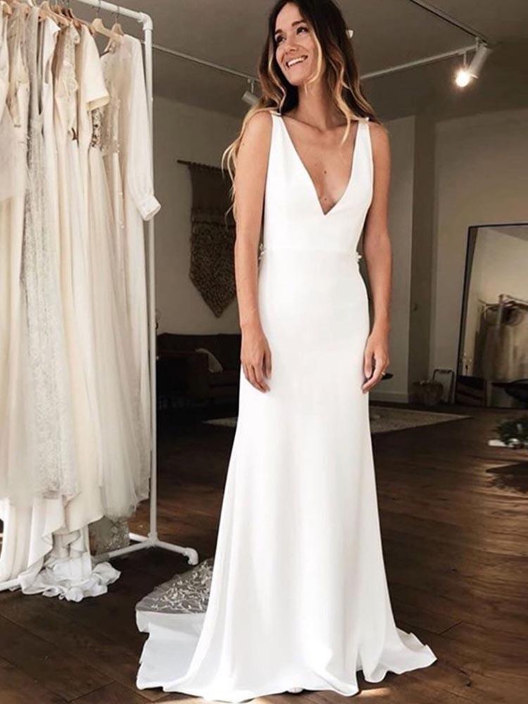 Gorgeous Long Mermaid V-neck Satin Backless Wedding Dresses-showprettydress