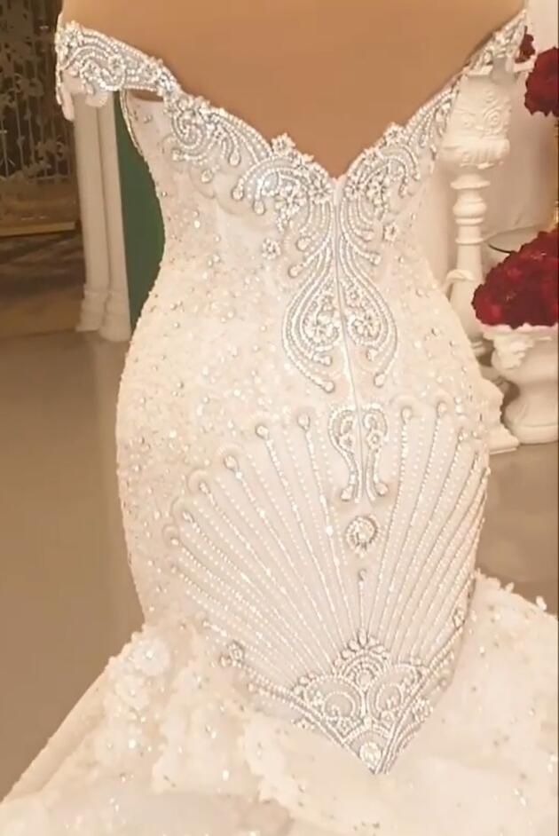 Gorgeous Long Off the Shoulder Crystal Backless Mermaid Wedding Dresses-showprettydress
