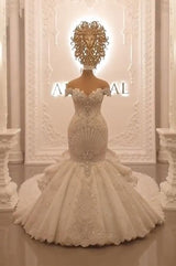 Gorgeous Long Off the Shoulder Crystal Backless Mermaid Wedding Dresses-showprettydress