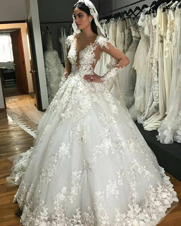 Gorgeous Long Princess Bateau Appliques Lace Backless Ruffles Wedding Dress with Sleeves-showprettydress
