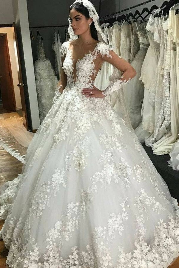 Gorgeous Long Princess Bateau Appliques Lace Backless Ruffles Wedding Dress with Sleeves-showprettydress
