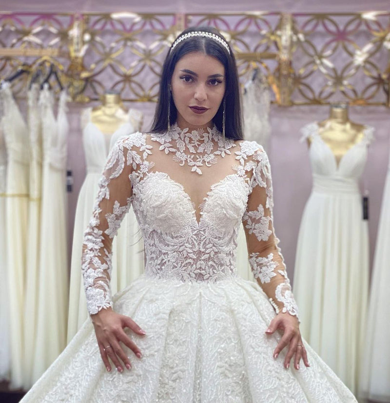 Gorgeous Long Princess High-neck Lace Appliques Wedding Dress with Sleeves-showprettydress