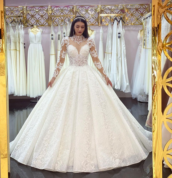 Gorgeous Long Princess High-neck Lace Appliques Wedding Dress with Sleeves-showprettydress
