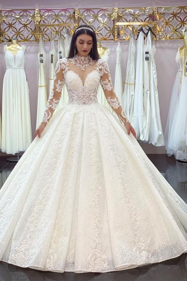 Gorgeous Long Princess High-neck Lace Appliques Wedding Dress with Sleeves-showprettydress