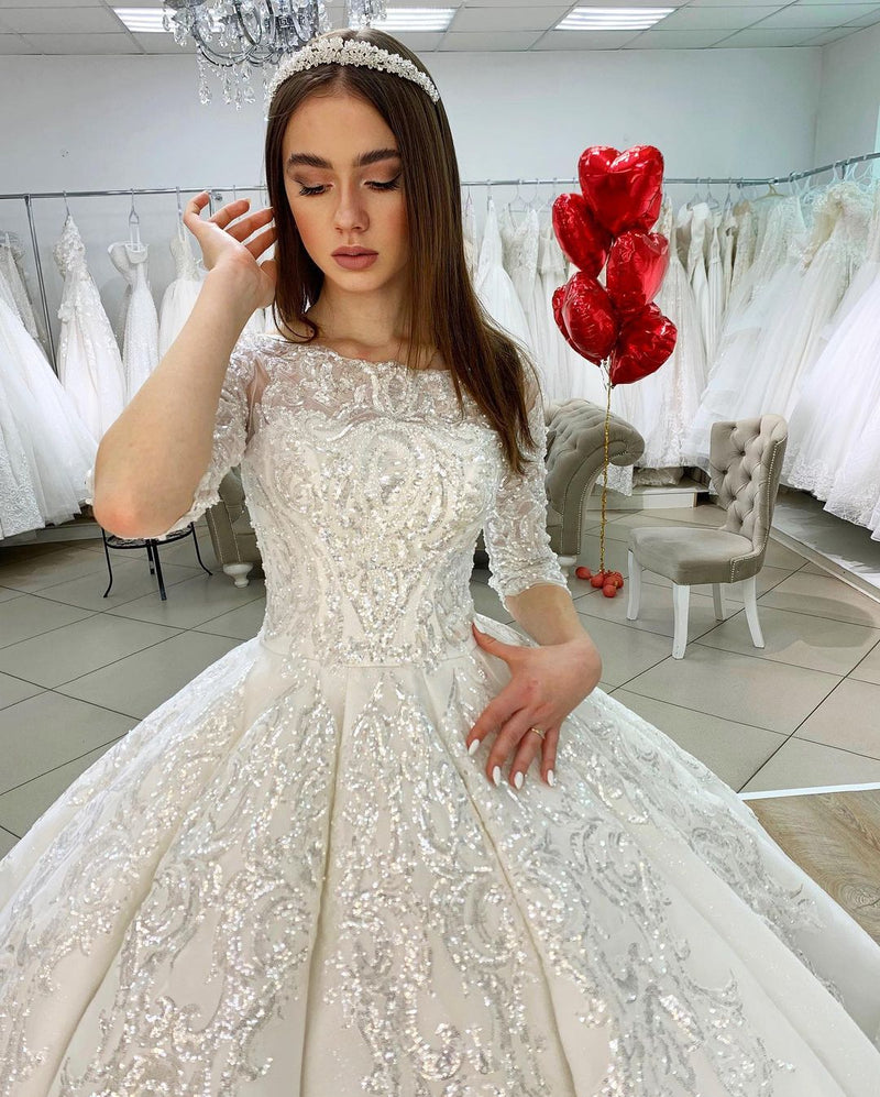 Gorgeous Long Princess Satin Bateau Appliques Lace Wedding Dress with Sleeves-showprettydress