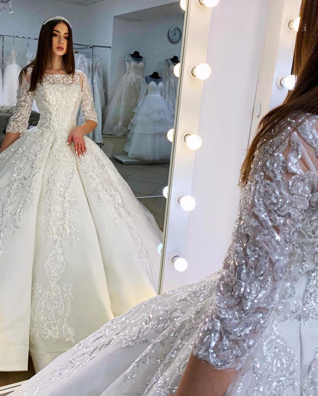 Gorgeous Long Princess Satin Bateau Appliques Lace Wedding Dress with Sleeves-showprettydress