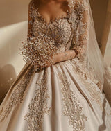 Gorgeous Long Princess Sweetheart Beading Pearl Satin Wedding Dress with Sleeves-showprettydress