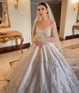 Gorgeous Long Princess Sweetheart Beading Pearl Satin Wedding Dress with Sleeves-showprettydress