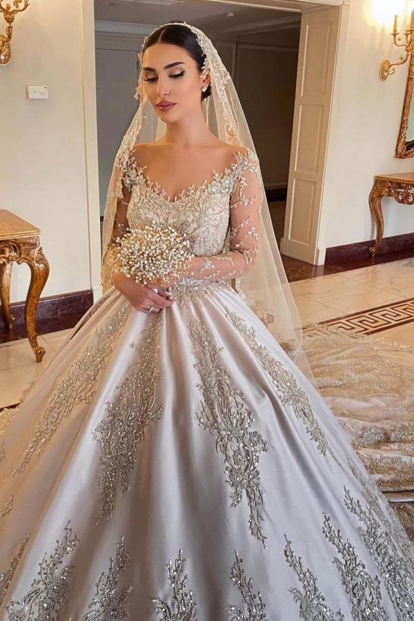 Gorgeous Long Princess Sweetheart Beading Pearl Satin Wedding Dress with Sleeves-showprettydress