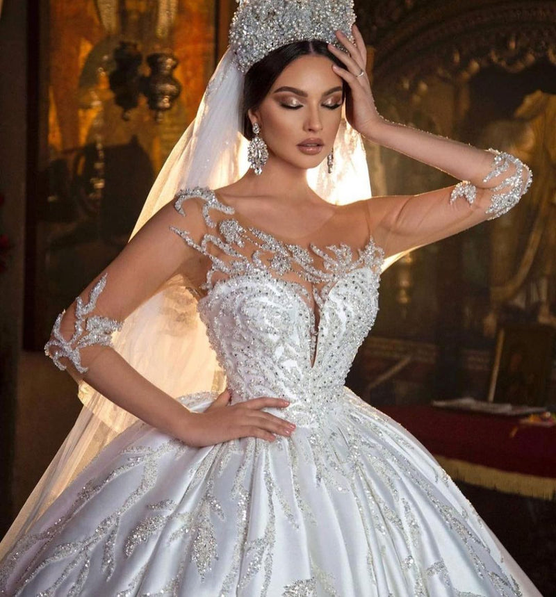 Gorgeous Long Princess Sweetheart Satin Wedding Dress with Sleeves-showprettydress
