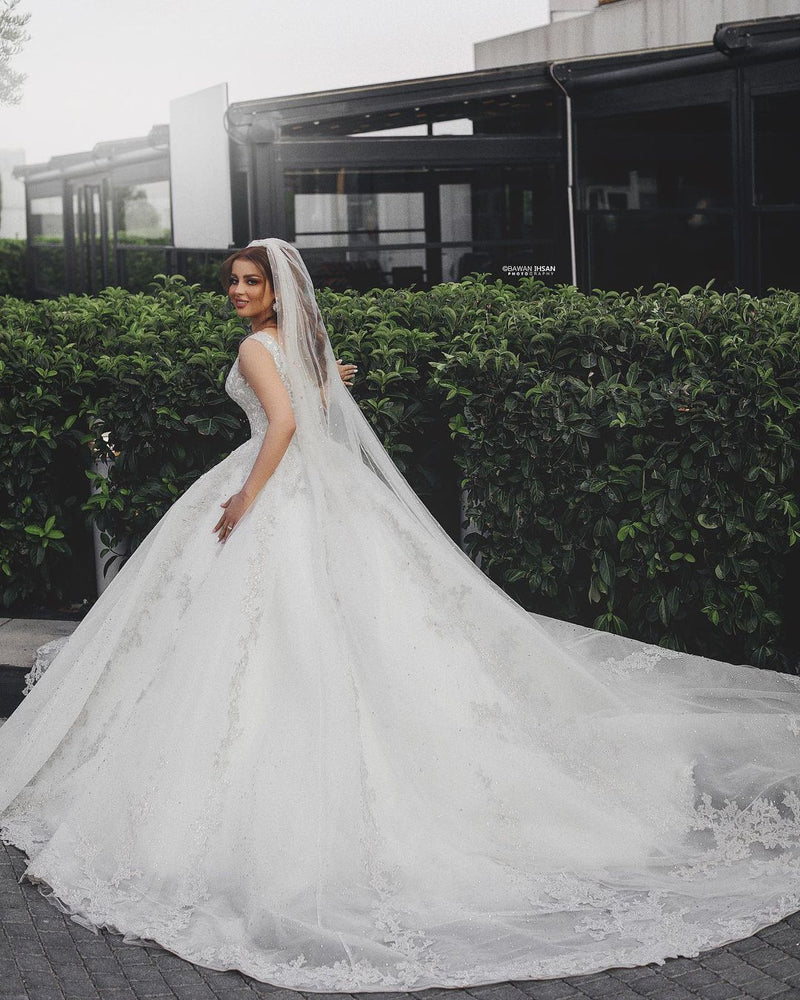 Gorgeous Long Princess V-neck Tulle Lace Appliques Wedding Dress-showprettydress