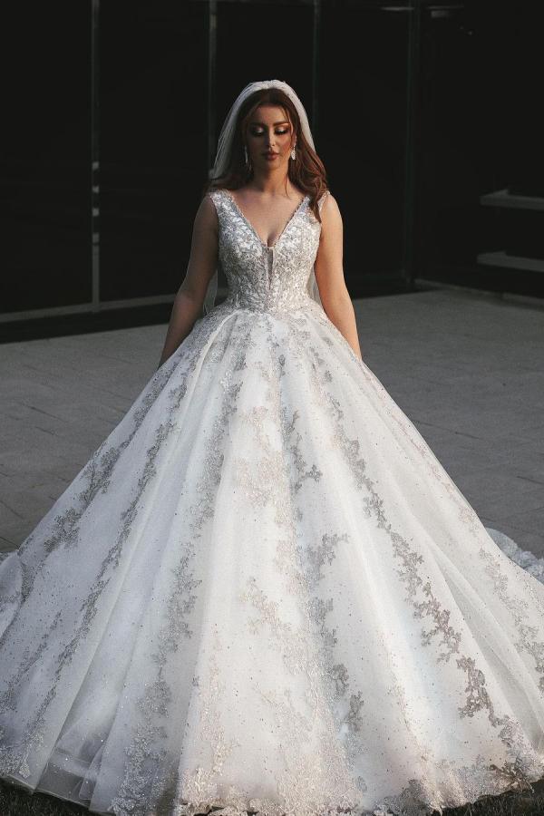 Gorgeous Long Princess V-neck Tulle Lace Appliques Wedding Dress-showprettydress