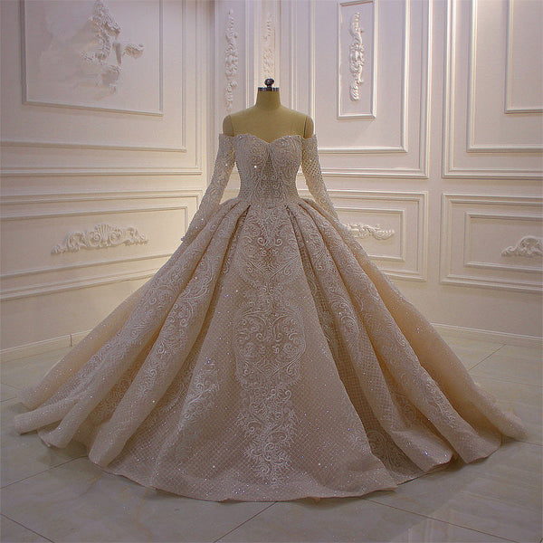 Gorgeous Long Sleeve Off the Shoulder Appliques Lace Ball Gown Wedding Dress-showprettydress