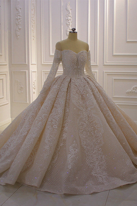 Gorgeous Long Sleeve Off the Shoulder Appliques Lace Ball Gown Wedding Dress-showprettydress