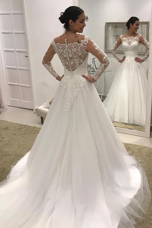 Gorgeous Long Sleeves A-line Tulle Lace Wedding Dress-showprettydress
