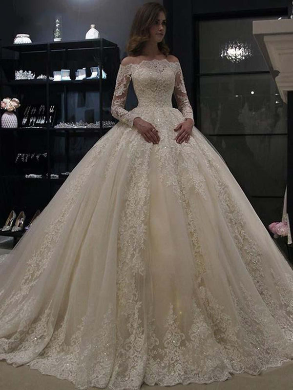Gorgeous Long Sleeves Ball Gown Lace Tulle Wedding Dresses-showprettydress