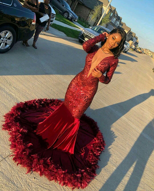 Gorgeous Long Sleeves Burgundy Lace Sequins Prom Dress Mermaid With Feather-showprettydress