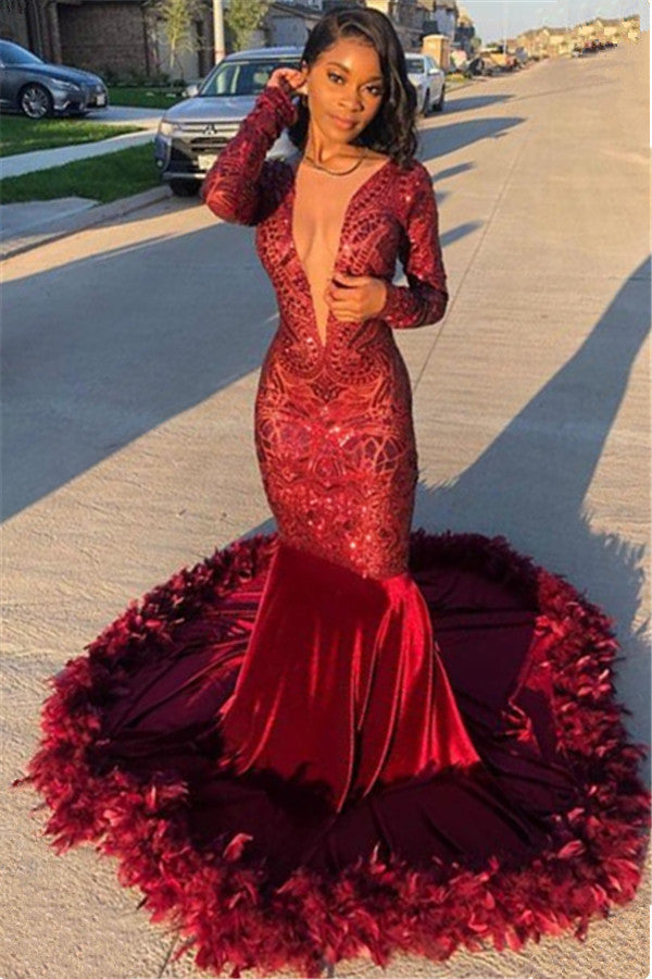 Gorgeous Long Sleeves Burgundy Lace Sequins Prom Dress Mermaid With Feather-showprettydress