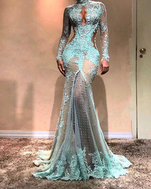 Gorgeous Long Sleeves Mermaid Evening Dress Lace Formal Dress-showprettydress