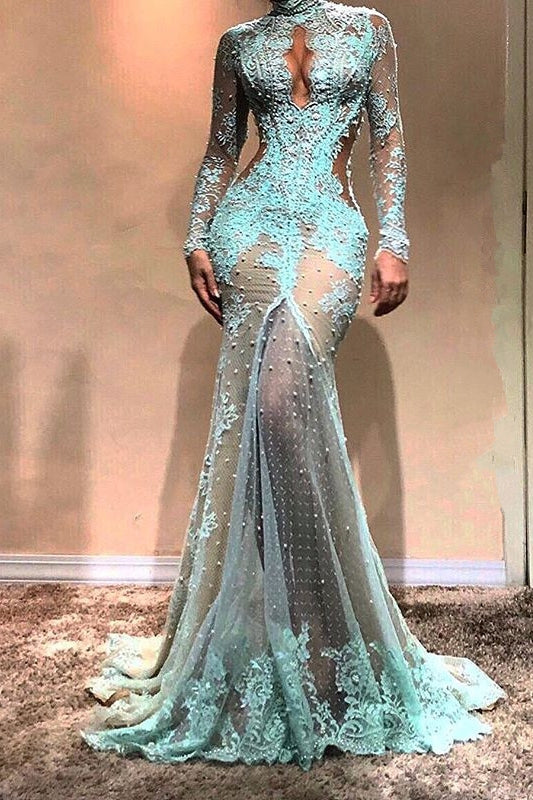 Gorgeous Long Sleeves Mermaid Evening Dress Lace Formal Dress-showprettydress