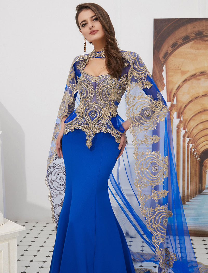 Gorgeous Luxury Evening Dresses Embroidered Beaded Queen Anneneck Long Sleeve Formal Gowns With Cloak-showprettydress