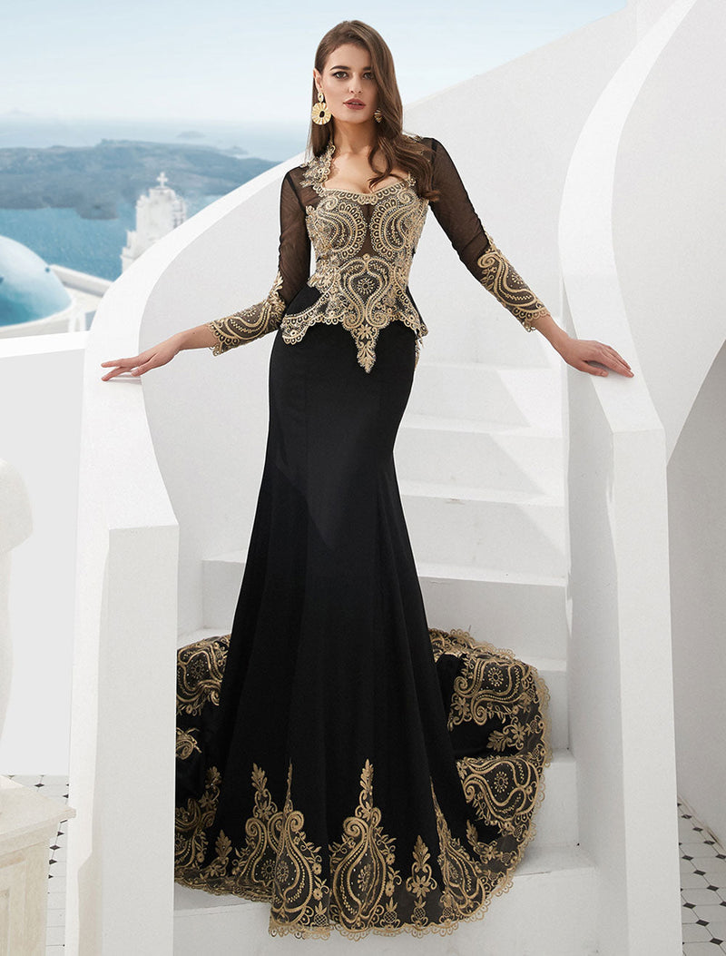 Gorgeous Luxury Evening Dresses Embroidered Beaded Queen Anneneck Long Sleeve Formal Gowns With Cloak-showprettydress