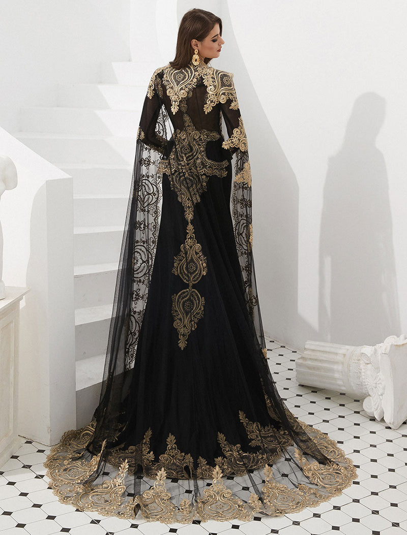 Gorgeous Luxury Evening Dresses Embroidered Beaded Queen Anneneck Long Sleeve Formal Gowns With Cloak-showprettydress