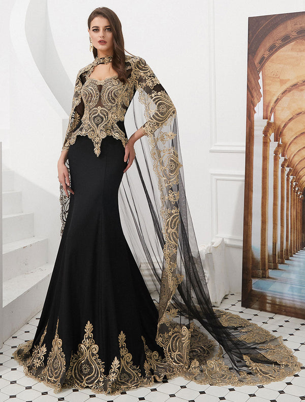 Gorgeous Luxury Evening Dresses Embroidered Beaded Queen Anneneck Long Sleeve Formal Gowns With Cloak-showprettydress