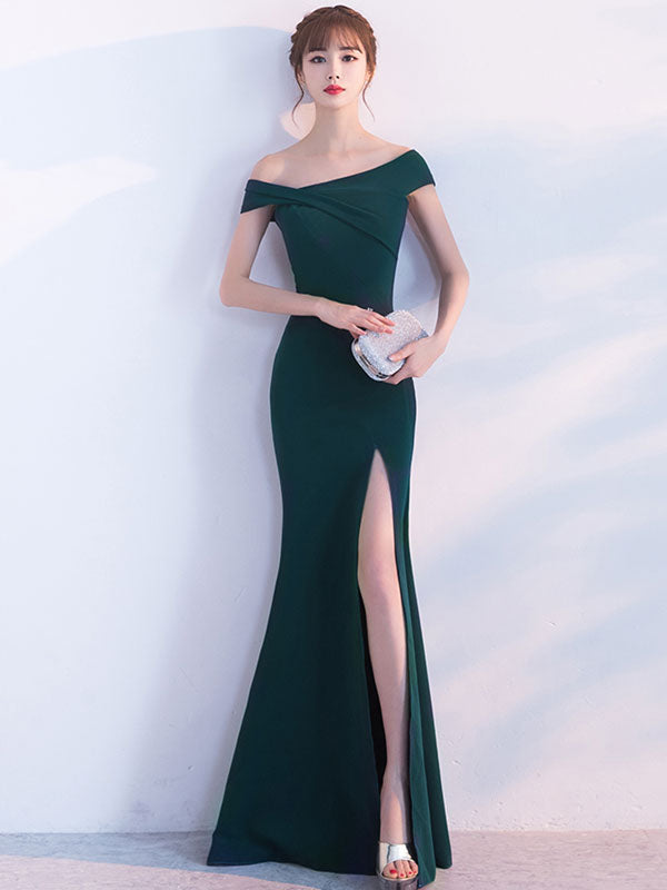 Gorgeous Mermaid Dress Oblique Short Sleeve Long Evening Dresses Dark Green Split Occasion Dresses With Train-showprettydress
