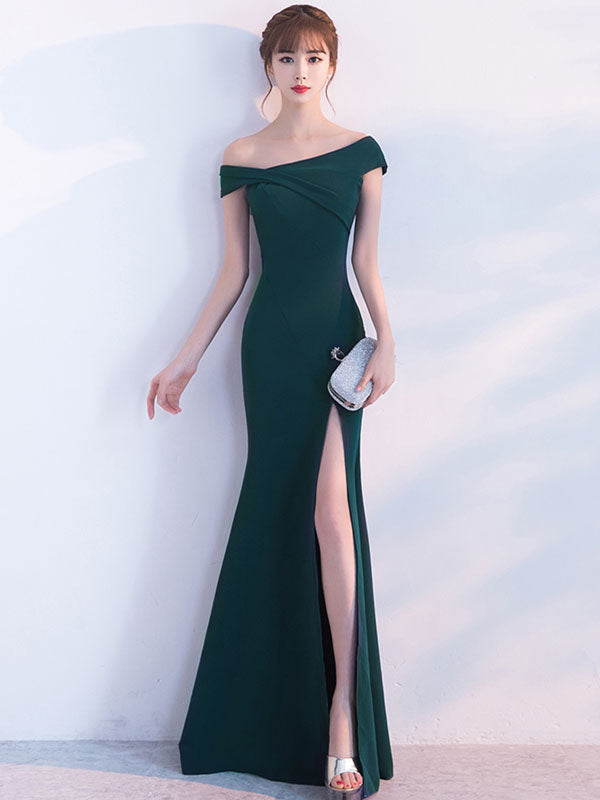 Gorgeous Mermaid Dress Oblique Short Sleeve Long Evening Dresses Dark Green Split Occasion Dresses With Train-showprettydress