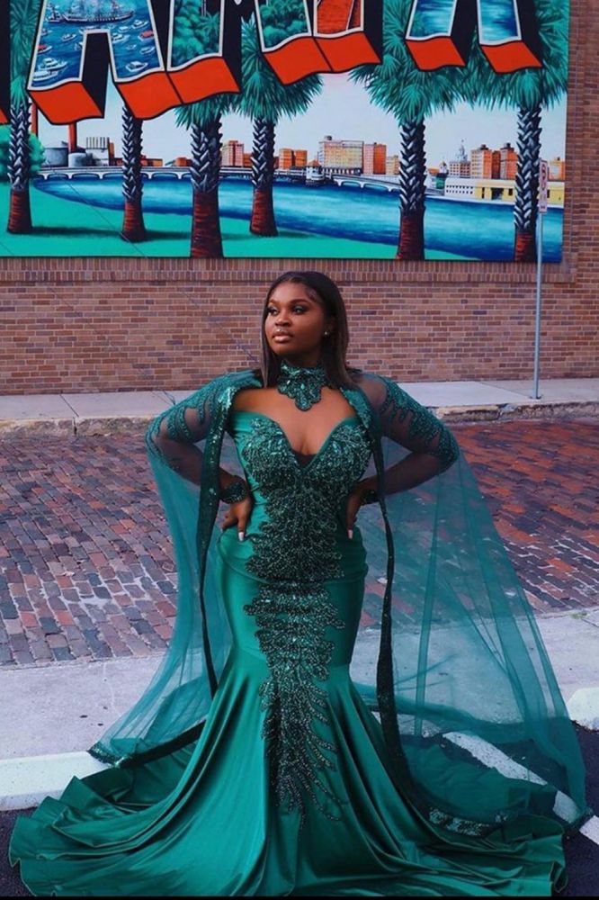 Gorgeous Mermaid Evening Gowns Long Sleeves Appliques Floor Length Cape-showprettydress