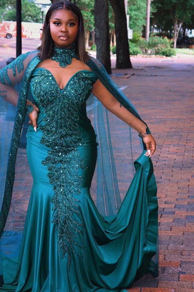 Gorgeous Mermaid Evening Gowns Long Sleeves Appliques Floor Length Cape-showprettydress