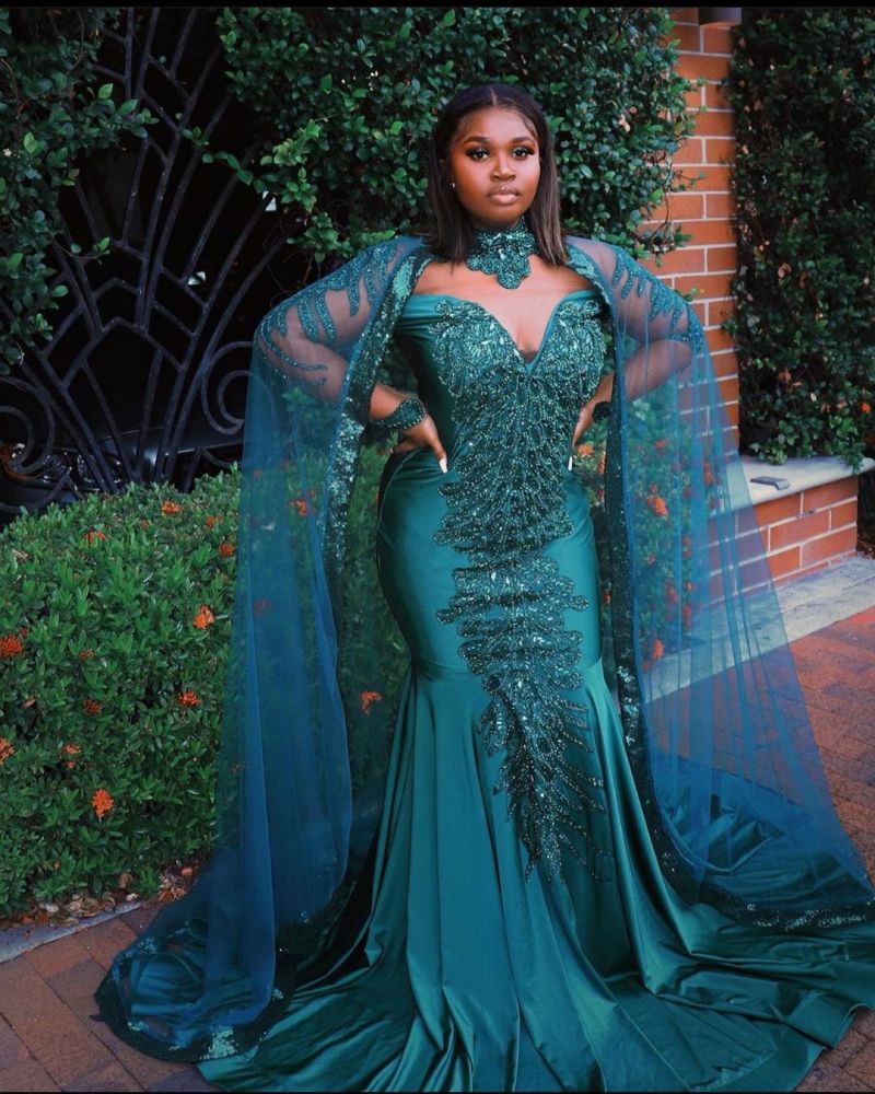Gorgeous Mermaid Evening Gowns Long Sleeves Appliques Floor Length Cape-showprettydress