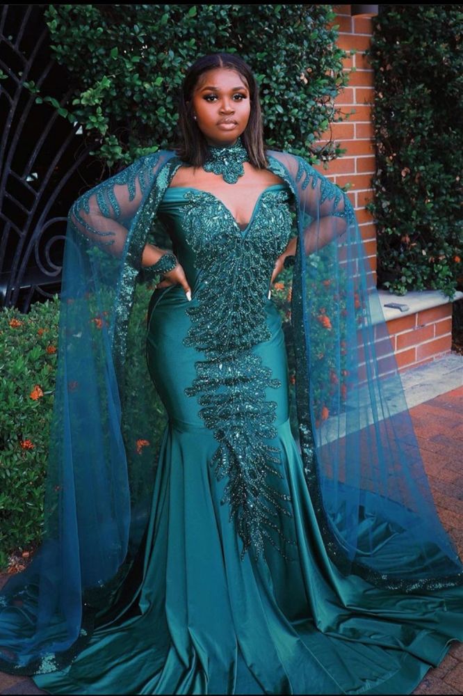 Gorgeous Mermaid Evening Gowns Long Sleeves Appliques Floor Length Cape-showprettydress