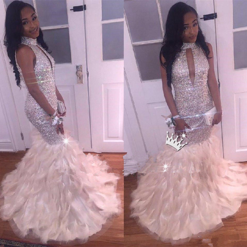 Gorgeous Mermaid High Neck Prom Party Gowns| Crystals Prom Party Gowns-showprettydress