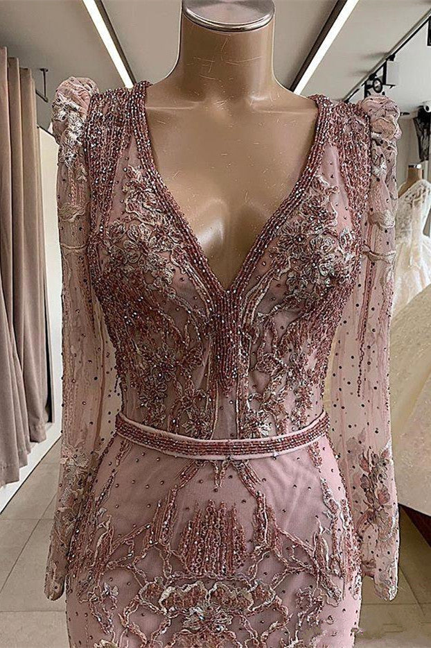 Gorgeous Mermaid Lace Beading V-neck Long Sleevess Prom Dresses Evening Gowns With Beading Waistband-showprettydress