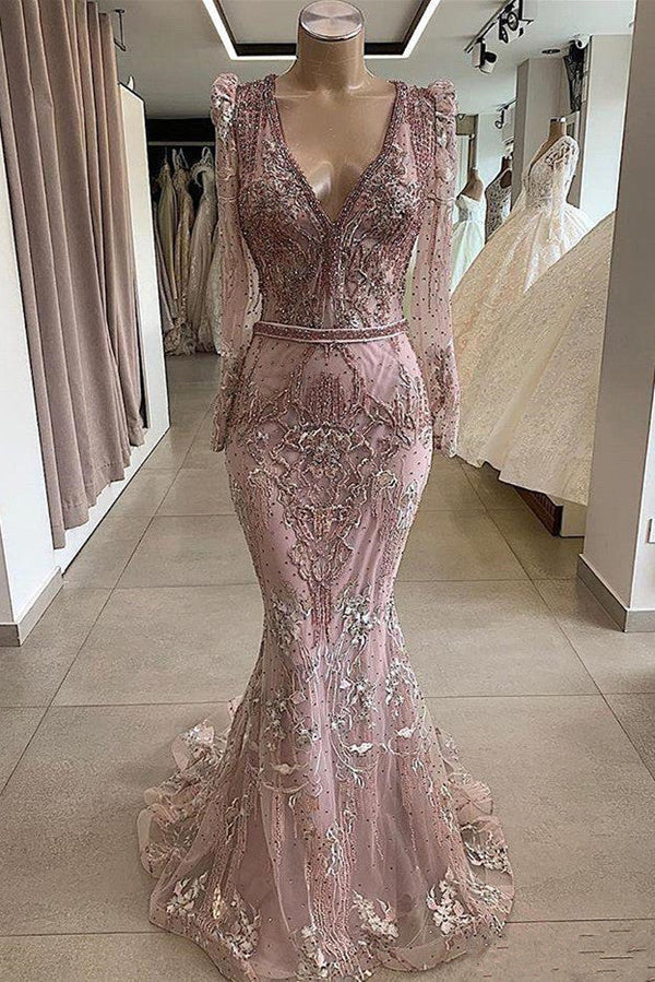 Gorgeous Mermaid Lace Beading V-neck Long Sleevess Prom Dresses Evening Gowns With Beading Waistband-showprettydress