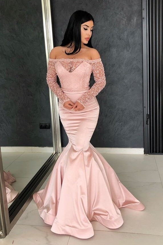 Gorgeous Mermaid Off-the-Shoulder Prom Gowns Long Sleeves Lace Evening Dresses-showprettydress