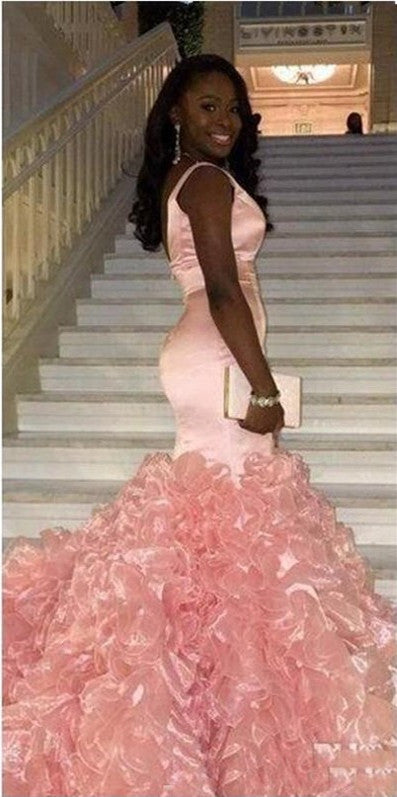 Gorgeous Mermaid Ruffles Sleeveless Pink V-neck Prom Party Gowns-showprettydress