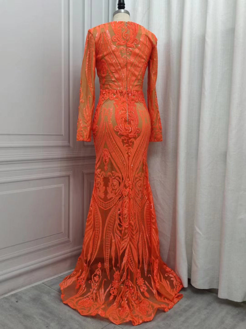Gorgeous Mermaid V-neck Orange Sparkle Prom Dresses-showprettydress