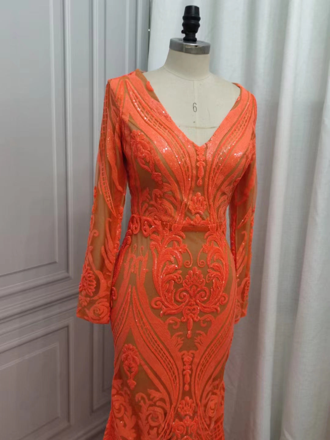 Gorgeous Mermaid V-neck Orange Sparkle Prom Dresses-showprettydress