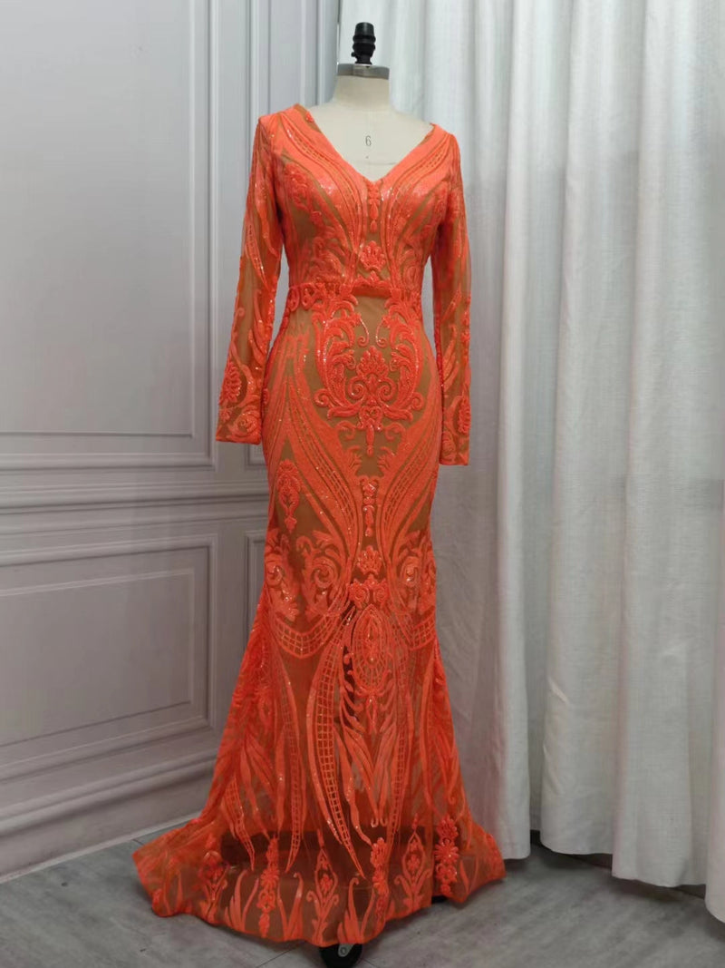 Gorgeous Mermaid V-neck Orange Sparkle Prom Dresses-showprettydress
