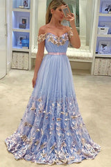 Gorgeous New in Off-the-Shoulder Evening Dresses Tulle Flowers Open Back Prom Party Gowns-showprettydress