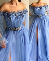 Gorgeous Off-The-Shoulder Appliques Tulle A-Line Prom Party Gowns-showprettydress
